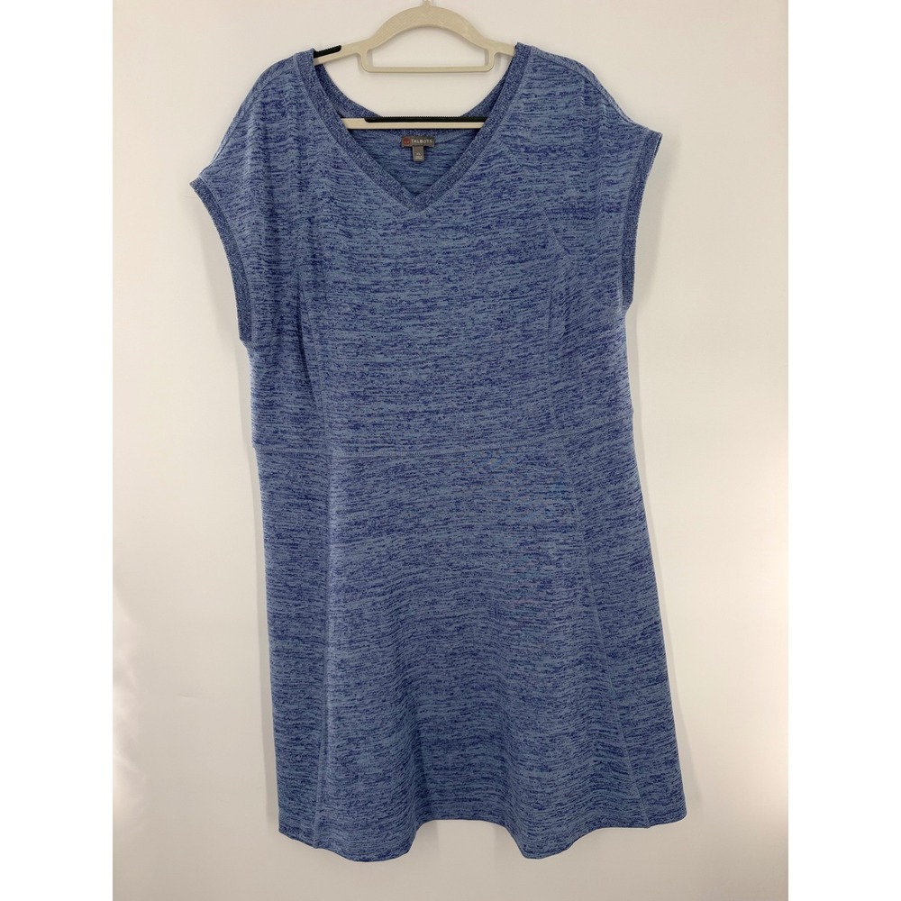 Talbots T by Talbots Blue Space Dye V-Neck Knit A-Line Dress XL Short Sleeve